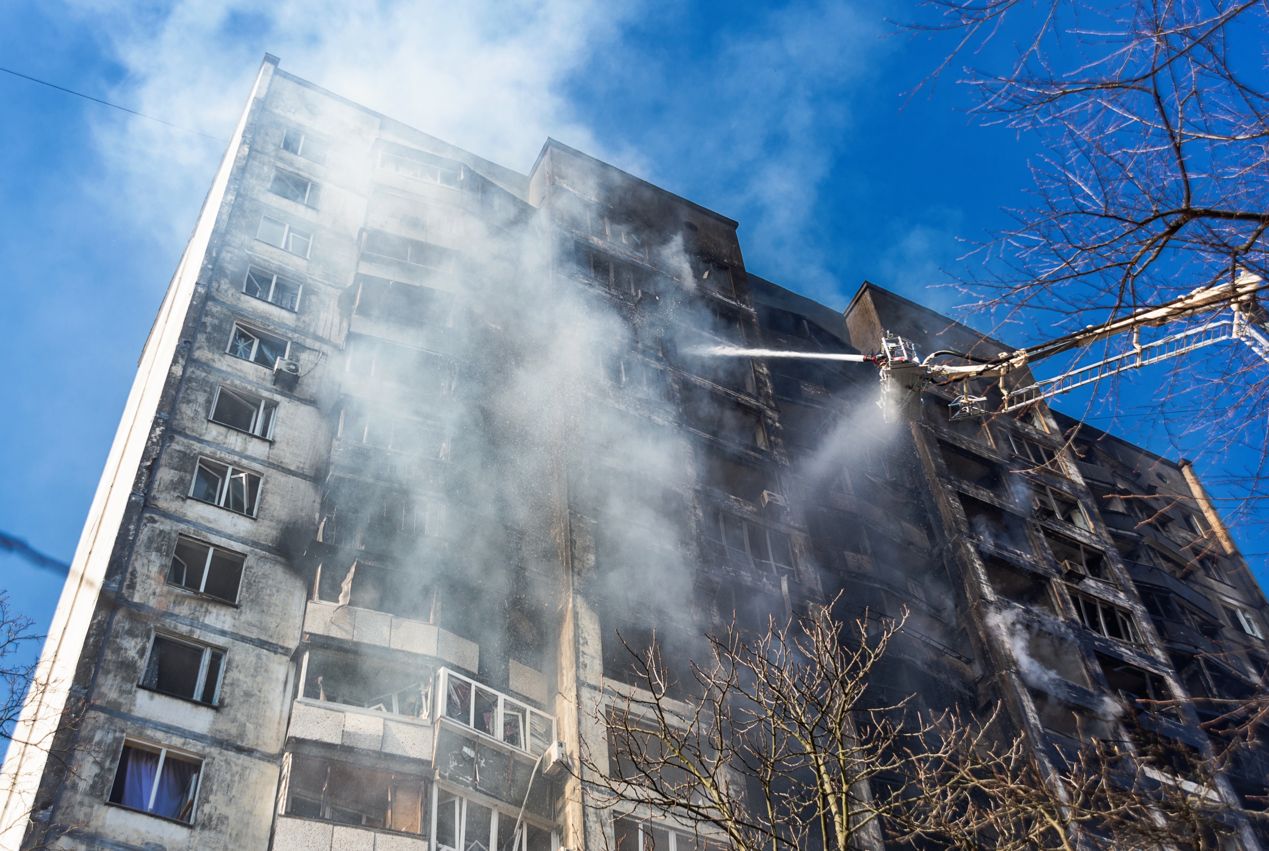 Extinguishing,A,Fire,In,A,High Rise,Building.,Catastrophes,And,Emergencies